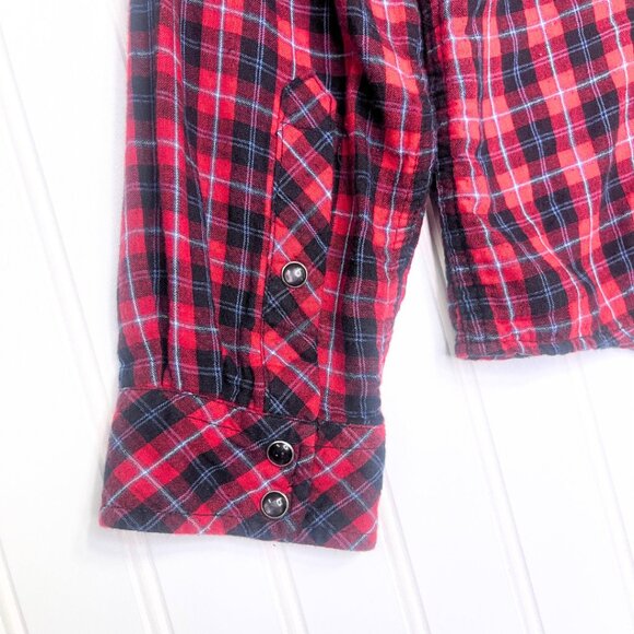 Red Multi Color Long Sleeve Button Up Pearl Snap Flannel Shirt Large - Picture 8 of 14